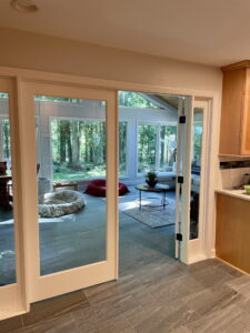 The sunroom is flush with the interior floors making for a smooth transition.