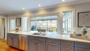 This newly remodeled kitchen features a cool flip-out window for easy pass-through to the outside bar.